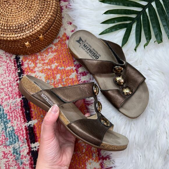 $185 Mephisto Brown Slip On Slide Leather Footbed Sandal 37 / 7 Summer Casual - Picture 1 of 7